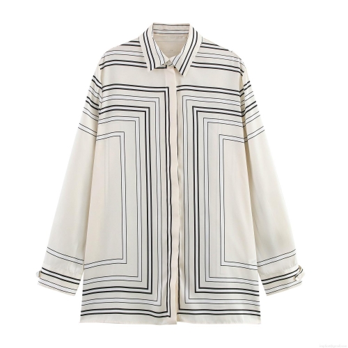 Women's Satin Long Sleeve Shirt Minimalist Geometric Line Print Turn-down Collar Button Down Loose Blouse For Commuting Daily Office Wear