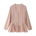 Elegant V-Neck Satin Blouse 100% Polyester Fabric With Waist Tie Golden Buttons Long Sleeve Casual Work Office Tops For Women Pink
