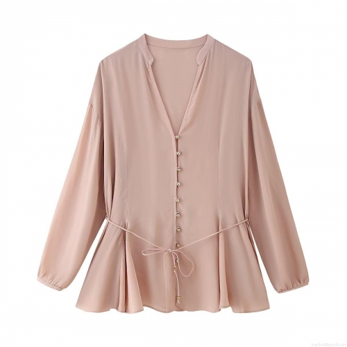 Elegant V-Neck Satin Blouse 100% Polyester Fabric With Waist Tie Golden Buttons Long Sleeve Casual Work Office Tops For Women Pink