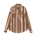 Women's Casual Striped Chiffon Blouse Loose Fit Long Sleeve Button Down Shirt With Chest Pockets 100% Polyester Lightweight Tops For Daily Travel