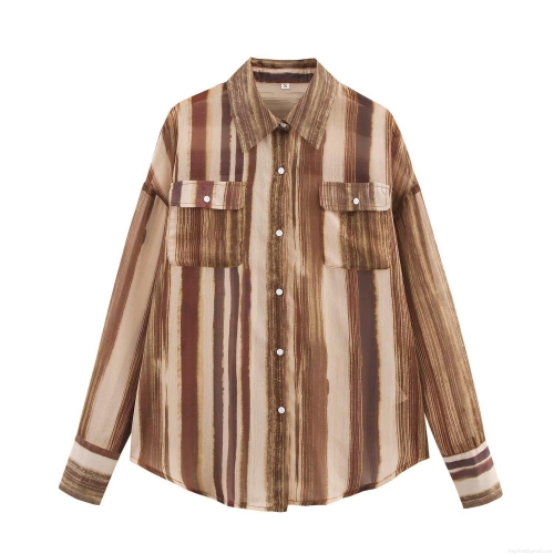 Women's Casual Striped Chiffon Blouse Loose Fit Long Sleeve Button Down Shirt With Chest Pockets 100% Polyester Lightweight Tops For Daily Travel