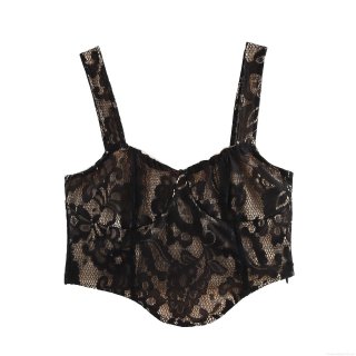 Women's Sexy Black Lace Bustier Crop Top Floral Mesh Camisole with Skin Tone Lining Sleeveless Strappy Tank Top for Club Party Nightwear