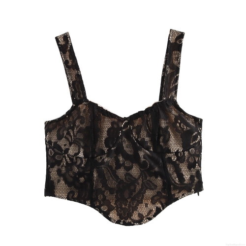 Women's Sexy Black Lace Bustier Crop Top Floral Mesh Camisole with Skin Tone Lining Sleeveless Strappy Tank Top for Club Party Nightwear
