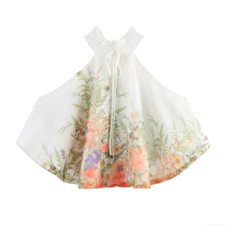Women's Floral Print Halter Neck Top Polyester Organza Sleeveless Camisole Flare Hem Tie Back Sweet Girly Style Summer Blouse