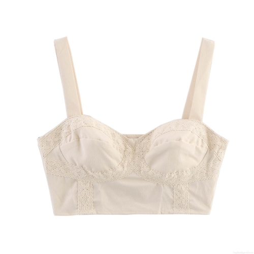 Women's Sexy Lace Patchwork Camisole Top Beige Cotton Linen Texture Slim Fit Crop Tank Top With Bust Cups And Smocking Back For Summer Party Dating