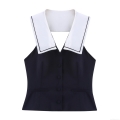 Women's Preppy Style Sailor Collar Sleeveless Blouse Contrast Trim Single Breasted Loose Fit Vest Shirt Casual Summer Fashion Top