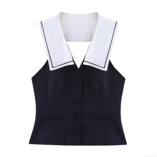 Women's Preppy Style Sailor Collar Sleeveless Blouse Contrast Trim Single Breasted Loose Fit Vest Shirt Casual Summer Fashion Top