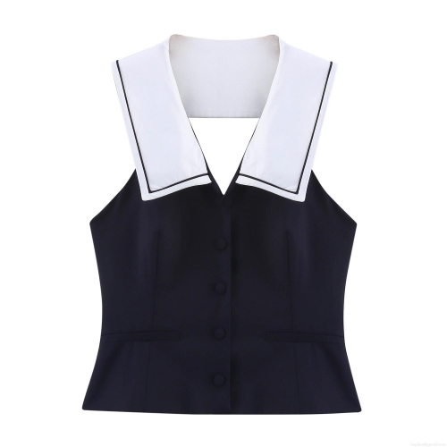 Women's Preppy Style Sailor Collar Sleeveless Blouse Contrast Trim Single Breasted Loose Fit Vest Shirt Casual Summer Fashion Top