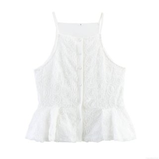 Women's Sweet 3D Rose Textured Peplum Camisole Top Elegant Sleeveless Button Down Halter Neck Shirt Slim Fit Polyester Summer Tank Top For Women