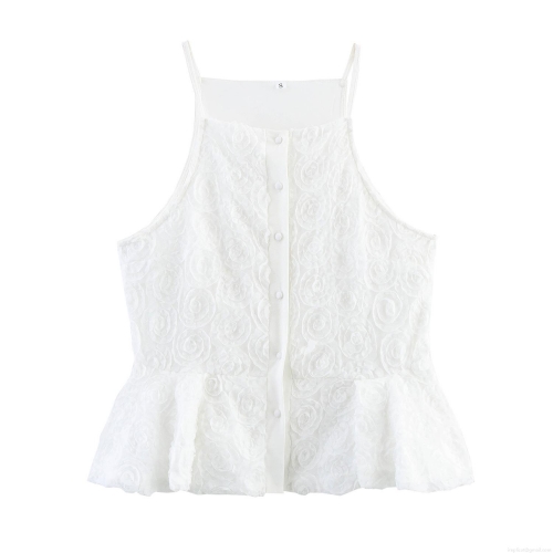 Women's Sweet 3D Rose Textured Peplum Camisole Top Elegant Sleeveless Button Down Halter Neck Shirt Slim Fit Polyester Summer Tank Top For Women