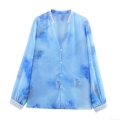 Women's V-Neck Long Sleeve Floral Print Chiffon Blouse With White Lace Trim Loose Casual Holiday Top Polyester Shirt Blue