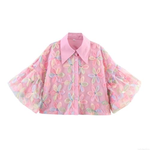Women's Pink Mesh Blouse Sheer Top With 3D Colorful Flowers Sequins Puff Sleeve Button Up Shirt For Party Dating Sweet Girly Style