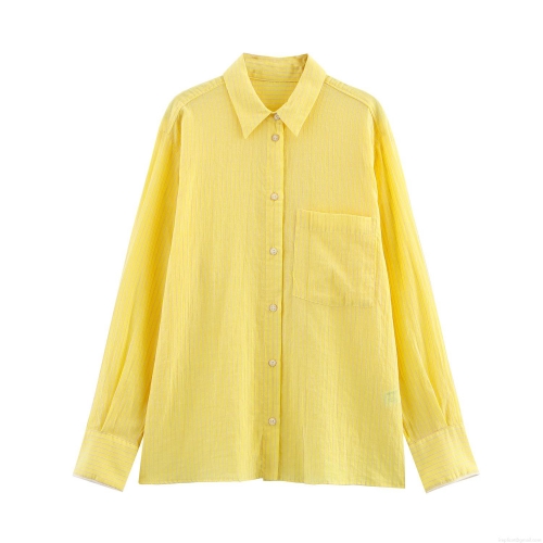 Women Long Sleeve Striped Shirt Blouse Casual Loose Fit Polyester Blend Button Down Top With Chest Pocket Fresh Sweet Style For Ladies Daily Office Wear