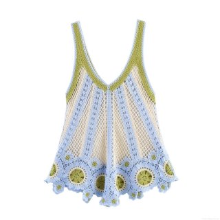 Women's Bohemian Crochet Knit Camisole Peplum Tank Top Sweet Floral V-Neck Hollow Out Sleeveless Vest For Summer Beach Vacation