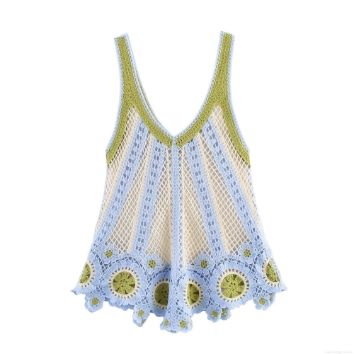 Women's Bohemian Crochet Knit Camisole Peplum Tank Top Sweet Floral V-Neck Hollow Out Sleeveless Vest For Summer Beach Vacation