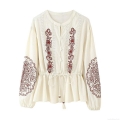 Women's Bohemian Ethnic Floral Embroidery Blouse Polyester Lace Stitching Drawstring Waist Lantern Sleeve Shirt For Holiday Daily Cream White Tops