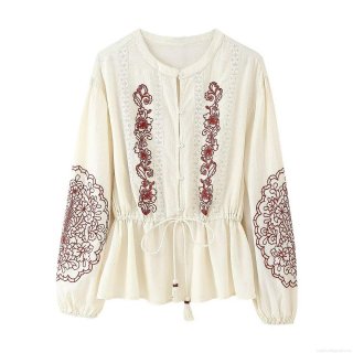 Women's Bohemian Ethnic Floral Embroidery Blouse Polyester Lace Stitching Drawstring Waist Lantern Sleeve Shirt For Holiday Daily Cream White Tops