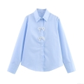 Women's Elegant Sky Blue Poplin Shirt With Pearl Bow Decoration Long Sleeve Loose Fit Lapel Button Down Blouse Casual Sweet Tops