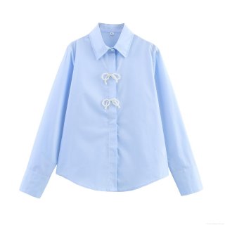 Women's Elegant Sky Blue Poplin Shirt With Pearl Bow Decoration Long Sleeve Loose Fit Lapel Button Down Blouse Casual Sweet Tops