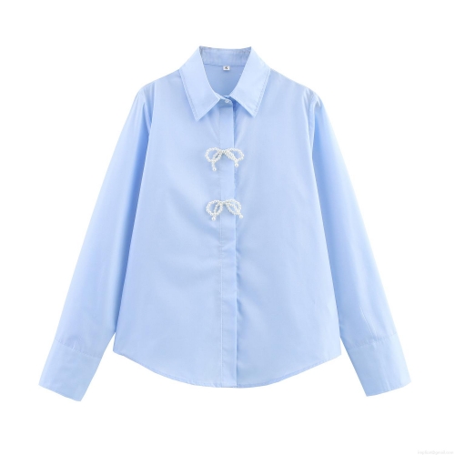 Women's Elegant Sky Blue Poplin Shirt With Pearl Bow Decoration Long Sleeve Loose Fit Lapel Button Down Blouse Casual Sweet Tops