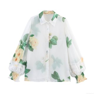 Elegant Women Floral Print Lantern Sleeve Blouse Chiffon Turndown Collar Single Breasted Shirt with Smocking Cuffs Wood Ear Trim Office Work Top