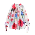 Women's Floral Print Chiffon Blouse Long Lantern Sleeve Split V Neck Ruffle Tie Front Loose Shirt Elegant Sweet Boho Vacation Tops For Women