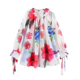 Women's Floral Print Chiffon Blouse Long Lantern Sleeve Split V Neck Ruffle Tie Front Loose Shirt Elegant Sweet Boho Vacation Tops For Women