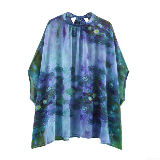 Women's Retro Water Lily Oil Painting Print Chiffon Blouse Loose Batwing Sleeve Tie Neck Summer Top Vintage Artistic Lightweight Breathable Shirt
