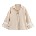 Women's Elegant Lace Patchwork V-Neck Blouse Loose Long Sleeve Single Breasted Shirt Casual Comfortable Polyester Top Spring Summer Women Clothing