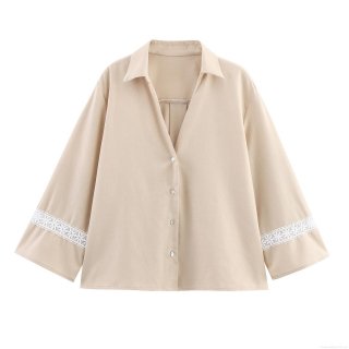 Women's Elegant Lace Patchwork V-Neck Blouse Loose Long Sleeve Single Breasted Shirt Casual Comfortable Polyester Top Spring Summer Women Clothing