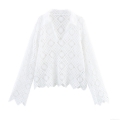 Elegant Hollow Out Lace Polo Collar Blouse Women's Long Sleeve Crochet Geometric Pattern Boho Top For Summer Vacation White Lightweight Shirt