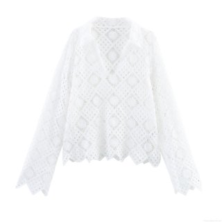 Elegant Hollow Out Lace Polo Collar Blouse Women's Long Sleeve Crochet Geometric Pattern Boho Top For Summer Vacation White Lightweight Shirt