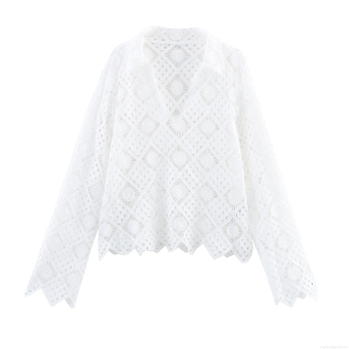 Elegant Hollow Out Lace Polo Collar Blouse Women's Long Sleeve Crochet Geometric Pattern Boho Top For Summer Vacation White Lightweight Shirt