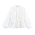 French Elegant White Hollow Embroidery Blouse For Women Vintage Lantern Sleeve Drawstring Waist Lace-up Top Casual Vacation Spring Summer Shirt
