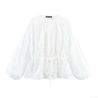 French Elegant White Hollow Embroidery Blouse For Women Vintage Lantern Sleeve Drawstring Waist Lace-up Top Casual Vacation Spring Summer Shirt