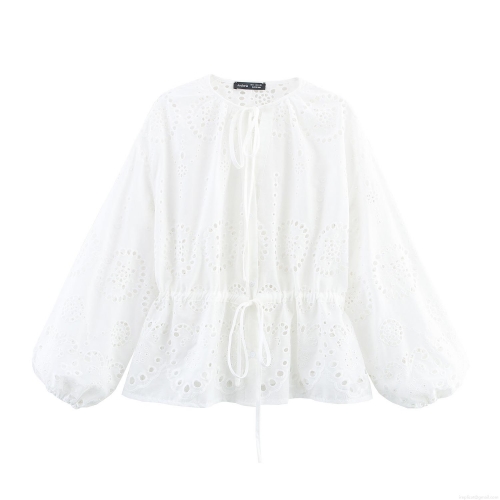 French Elegant White Hollow Embroidery Blouse For Women Vintage Lantern Sleeve Drawstring Waist Lace-up Top Casual Vacation Spring Summer Shirt