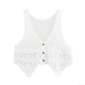 Women's Sweet Crochet Knit V Neck Vest Cardigan Embroidered Floral Hollow Out Short Waistcoat Top White Sleeveless Button Down Outerwear For Summer Spring