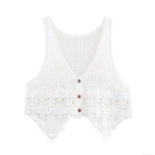 Women's Sweet Crochet Knit V Neck Vest Cardigan Embroidered Floral Hollow Out Short Waistcoat Top White Sleeveless Button Down Outerwear For Summer Spring