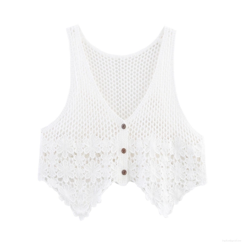 Women's Sweet Crochet Knit V Neck Vest Cardigan Embroidered Floral Hollow Out Short Waistcoat Top White Sleeveless Button Down Outerwear For Summer Spring