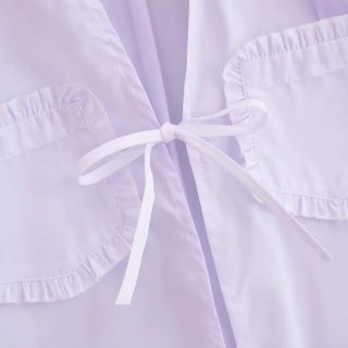 Women's Long Sleeve White Blouse Shirt 100% Polyester Lace Up V Neck Ruffle Pocket Casual Daily Sweet Tops For Ladies Comfortable Fashion Outfit