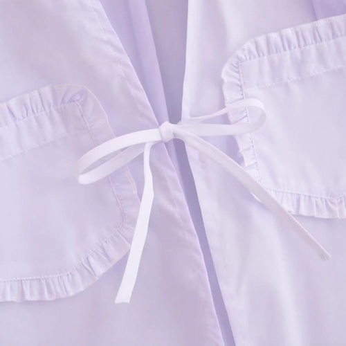 Women's Long Sleeve White Blouse Shirt 100% Polyester Lace Up V Neck Ruffle Pocket Casual Daily Sweet Tops For Ladies Comfortable Fashion Outfit