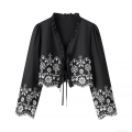 Vintage Women's Long Sleeve Black Blouse Polyester White Floral Embroidery Ruffle Collar Tie-up Scalloped Edge Loose Cropped Fashion Top
