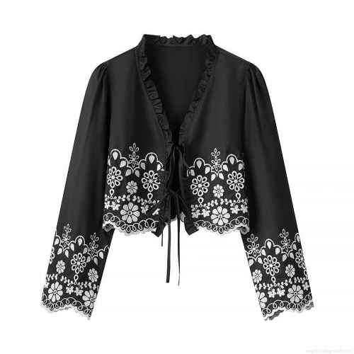 Vintage Women's Long Sleeve Black Blouse Polyester White Floral Embroidery Ruffle Collar Tie-up Scalloped Edge Loose Cropped Fashion Top