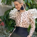 Elegant Women's Organza Polka Dot Blouse Puff Long Sleeve See-through Mesh Shirt Vintage Single Breasted Round Neck Tops for Party Dating