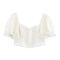 French Vintage Square Neck Puff Sleeve Cropped Shirt Women Sweet Lace Patchwork Smocked Top Short Sleeve Single Breasted Polyester Slim Fit Blouse