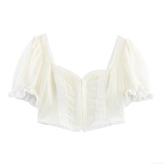 French Vintage Square Neck Puff Sleeve Cropped Shirt Women Sweet Lace Patchwork Smocked Top Short Sleeve Single Breasted Polyester Slim Fit Blouse