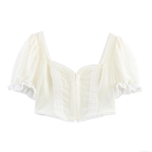 French Vintage Square Neck Puff Sleeve Cropped Shirt Women Sweet Lace Patchwork Smocked Top Short Sleeve Single Breasted Polyester Slim Fit Blouse