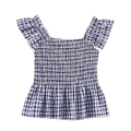 Women's Sweet Cottagecore Blue Gingham Smocked Top Daisy Floral Print Ruffle Butterfly Sleeve Square Neck Peplum Summer Camisole Top