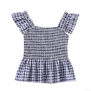 Women's Sweet Cottagecore Blue Gingham Smocked Top Daisy Floral Print Ruffle Butterfly Sleeve Square Neck Peplum Summer Camisole Top