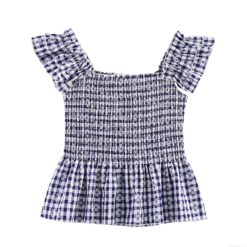 Women's Sweet Cottagecore Blue Gingham Smocked Top Daisy Floral Print Ruffle Butterfly Sleeve Square Neck Peplum Summer Camisole Top